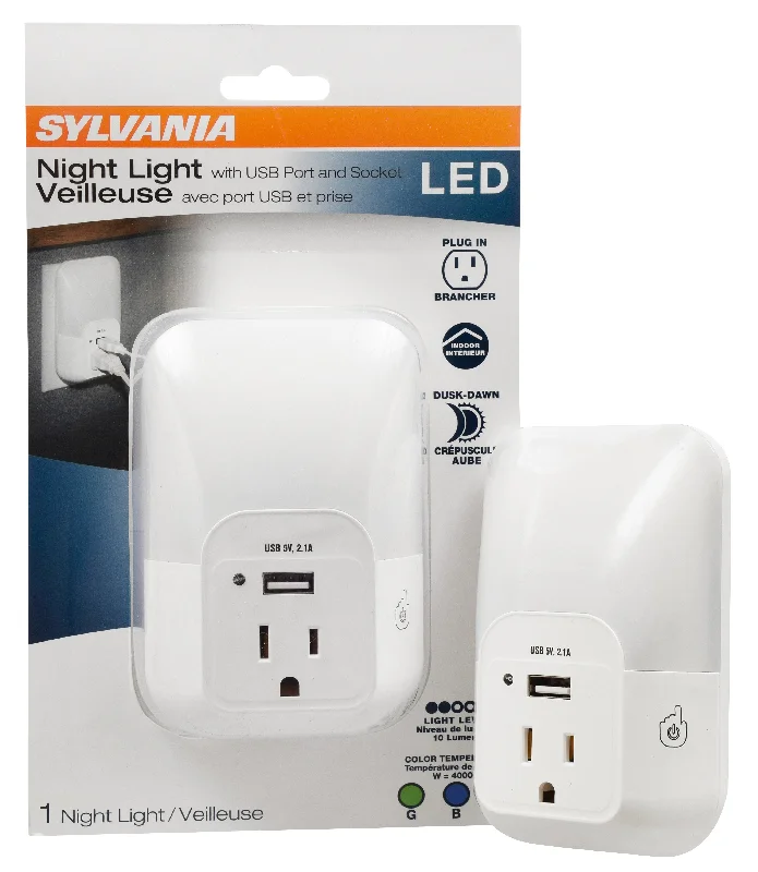 SYLVANIA LED Night Light with USB Port and Socket, 3-Color Select, Frosted, 3000K, 5 Lumens, Cool White