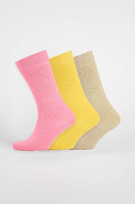 Everyday Cotton Sock Calf Plain 3 Pack - Pink/Yellow/Natural