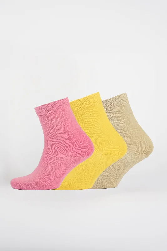 Everyday Cotton Sock Ankle Plain 3 Pack  - Pink/Yellow/Natural