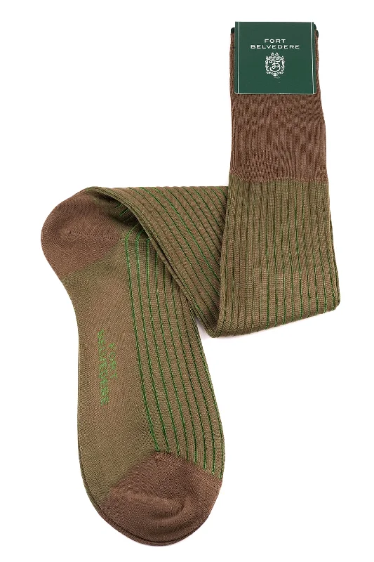 Mid Brown & Green Shadow Stripe Cotton Socks