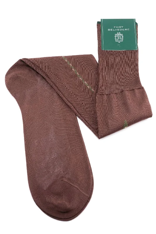 Mid Brown Cotton Socks with Green & Cream Clocks