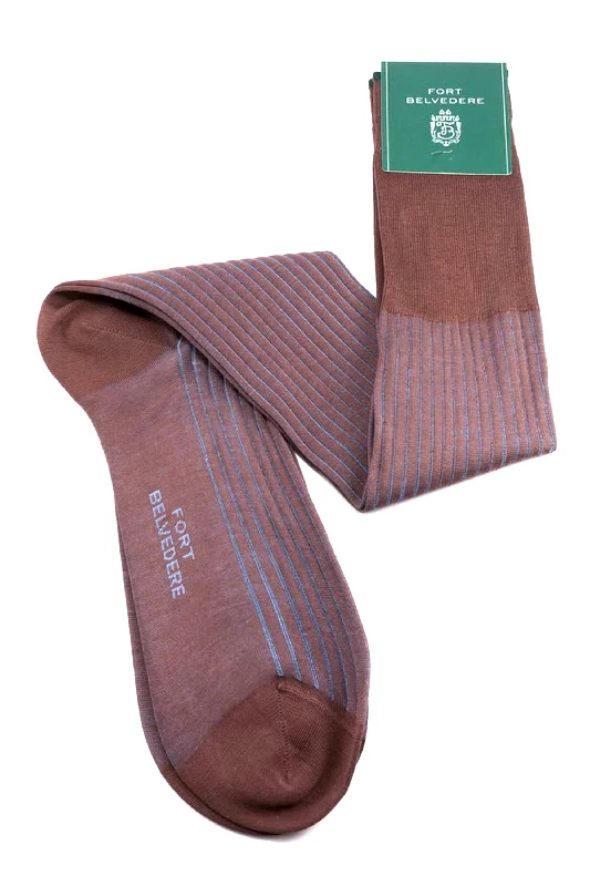 Mid Brown & Blue Shadow Stripe Cotton Socks