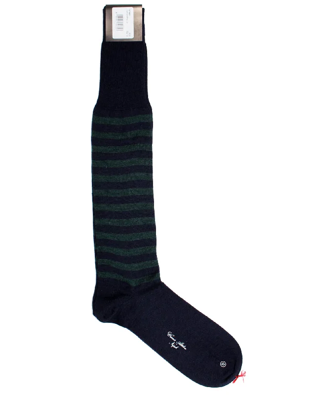 Attolini Cashmere Socks US 12 - EUR 46 Dark Green Navy Stripes - Over The Calf SALE