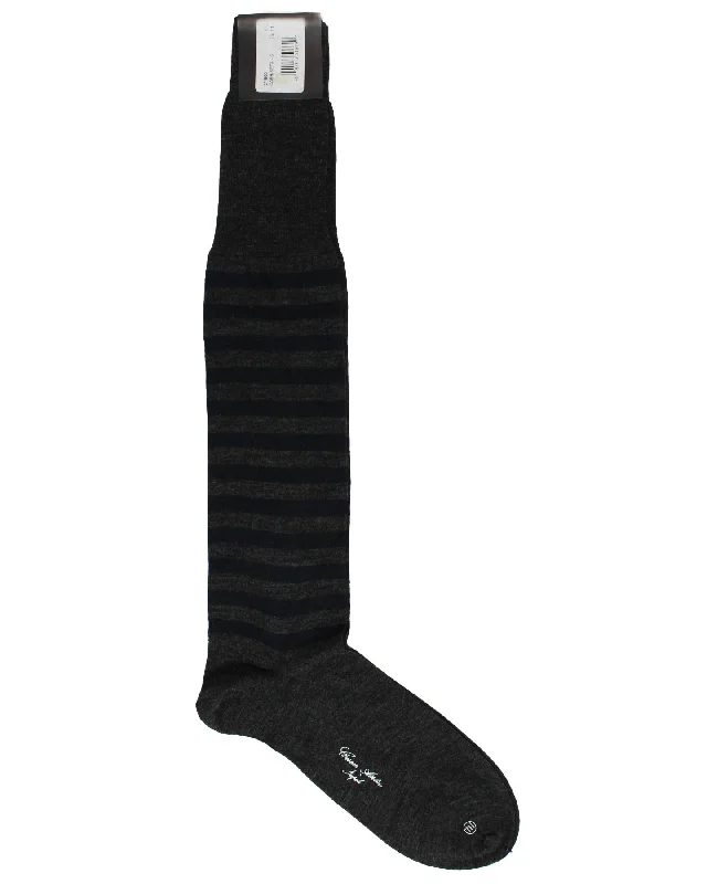 Cesare Attolini Cashmere Socks US 11 1/2 - EUR 45 Dark Blue Gray Stripes - Over The Calf