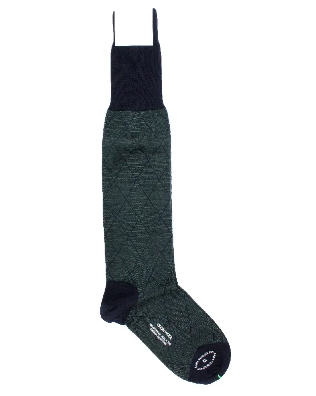 Cesare Attolini Wool Socks Dark Green Diamonds US 10 1/2- EUR 43 1/2 Over The Calf SALE (Copy)