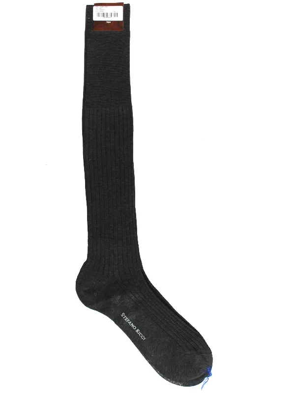 Stefano Ricci Socks Antracite Ribbed Solid - US 11.5/ EUR 45 Over The Calf Men Socks